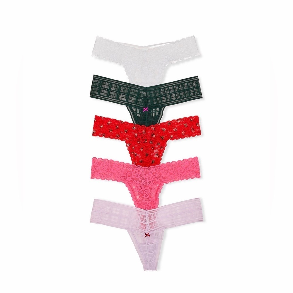 Victoria's Secret Pack 5 Lace Thong Collection - White, Green , Red, Pink